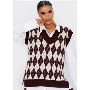 Chocolate Argyle Check V Neck Knitted Vest
